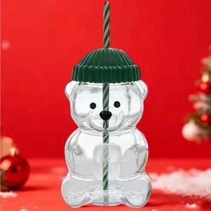 {NEW} Clear Bear Shaped Cup with Green Lid and Straw